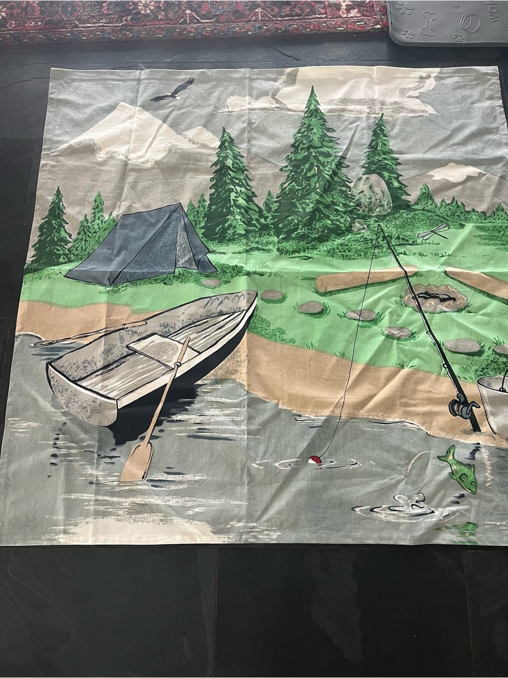 Pottery Barn Kids Gray Green hanging mural cotton canvas 58x58 camping fishing